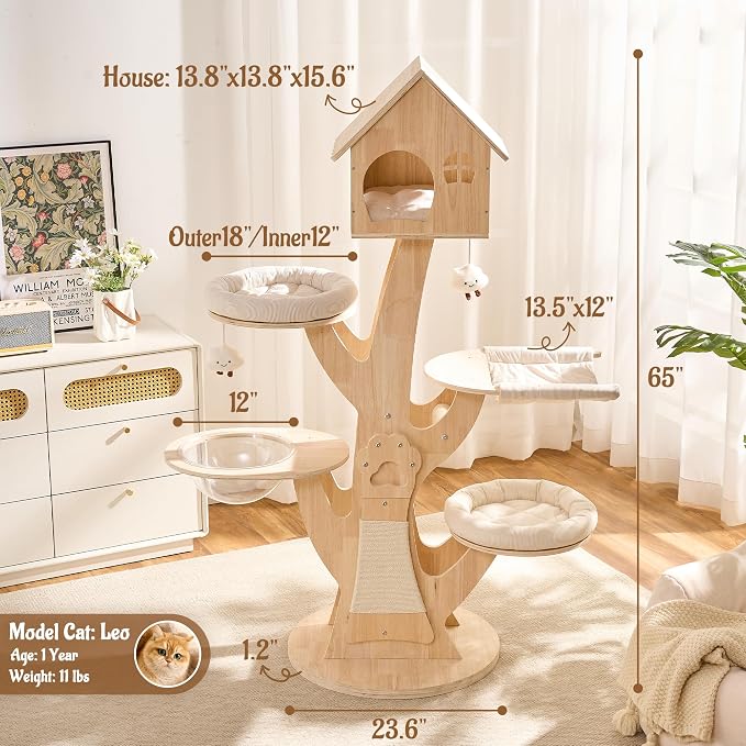 65" Modern Wood Cat Tree for Indoor Cats, Multi-level Cat Tower with Hidden Cat House, Cozy Beds, Hammock, Capsule perch, Spacious Scratching Board & Interactive Toys, Furniture-Style Cat Condo