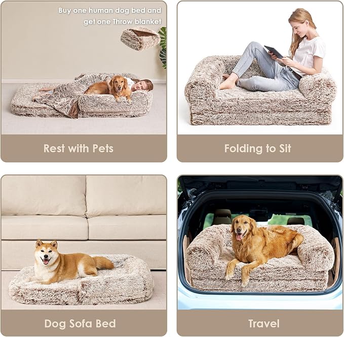 EHEYCIGA Foldable Human Dog Bed, 72"x44"x11" Orthopedic Memory Foam Human Sized Dog Bed, Waterproof Pet Bed for People, Faux Fur Pet Couch for Adult with Non-Slip Bottom, Faded Brown