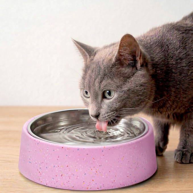 bzyoo 32oz 4CUP Dog & Cat Bowl, Sprinkle Design, Slanted Stainless Steel Pet Bowl with Removable Inner Bowl, Non-Slip Silicone Base, Dishwasher Safe, for Dry/Wet/Raw Food & Water (Pink)