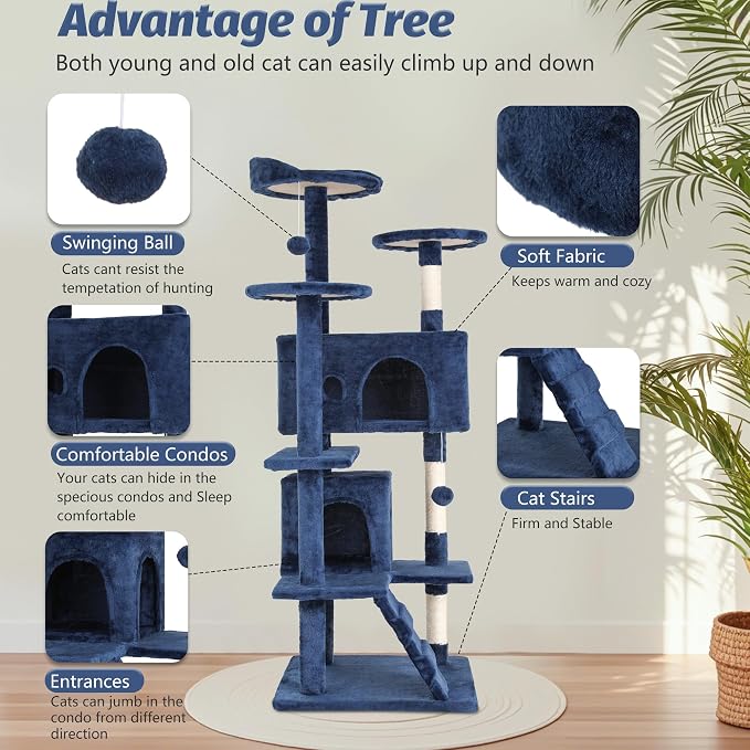 FDW | 54" Cat Tree Tower | Dark Blue | Multi-Level Indoor Activity Center with Sisal Scratching Posts, Condos, Plush Perches, Hanging Cat Toys | Sturdy, Easy to Assemble | for Kittens & Adult Cats