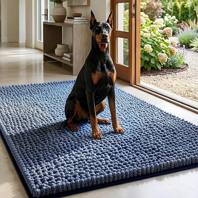 EHEYCIGA Super Absorbent Dog Door Mat for Muddy Paws 60x24 Inch Indoor, Front Doormat Outside Entrance, Quick Dry Chenille Washable Dog Crate Bed, Non-Slip Pet Rug Mud Mat Outdoor Entryway, Navy Blue