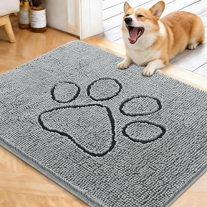 OLANLY Dog Door Mat for Muddy Paws 40x32, Paw Print Design Chenille Mud Mat | Grey, Super Absorbent, Traps Moisture and Dirt, Non-Slip Washable Doormat, Quick-Drying Indoor Entryway Floor Carpet for Dogs