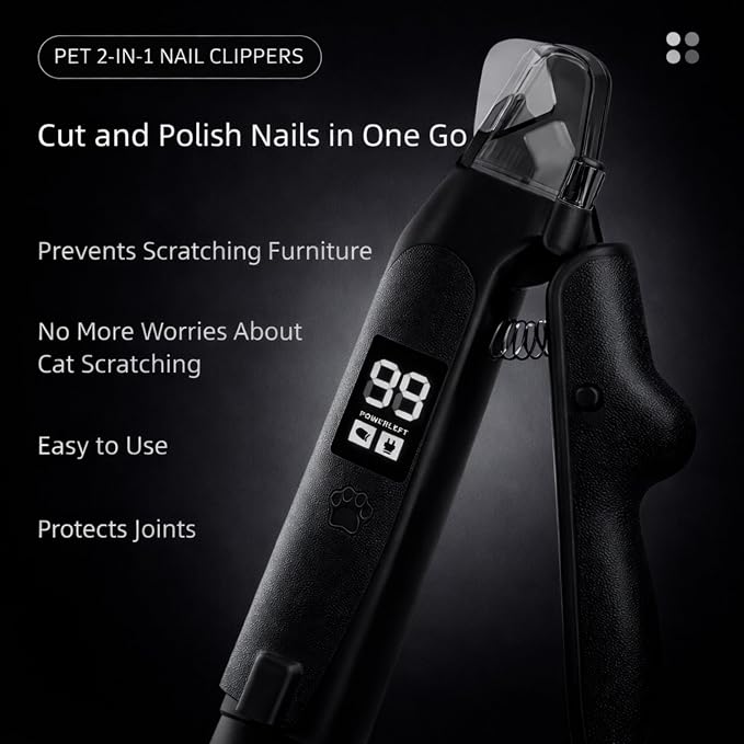 2-in-1 Dog Cat Nail Clippers with Light Bloodline Indicator & Electric Grinder – Type-C Rechargeable Dog Cat Nail Trimmer – Low Noise Grooming Tool with Battery Display (Matte Black)
