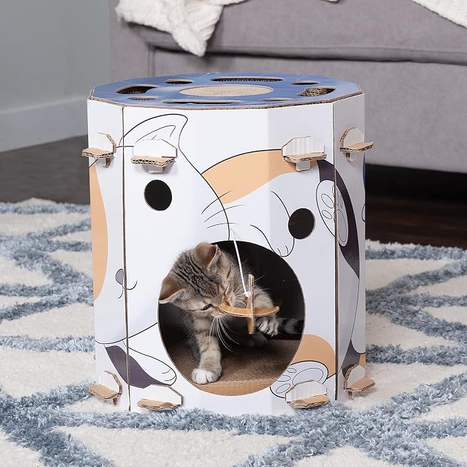 Furhaven Cardboard Hideout w/ Catnip for Indoor Cats, Ft. Scratching Pad, Ball Track, & Toys - Kitty Hideaway Corrugated Cat Scratcher House - Cat Print, One Size