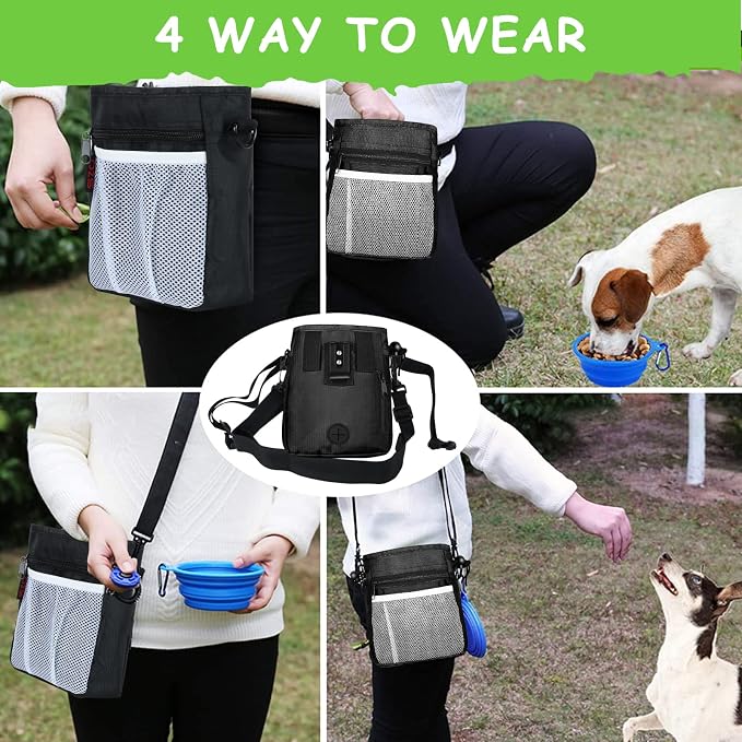 SZO Dog Training Treat Pouch with Training Clicker, Black | Dog Treat Pouch Set Includes Clicker for Pet Training, 3 Wear Styles with Waist Belt Shoulder Strap