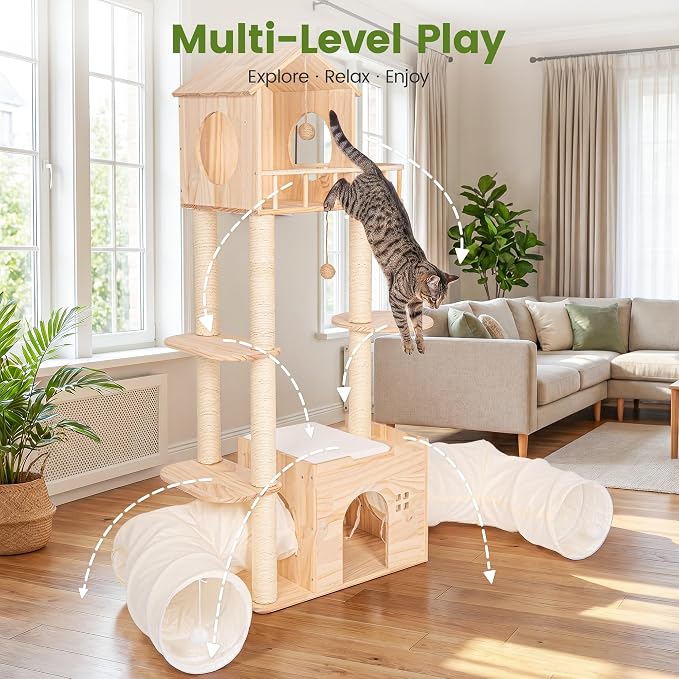 58 Inch Large Solid Wood Cat Tree, Tall Cat Tower for Indoor Cats, Cat Tree House with Double Tunnels, Sisal Scratching Posts, Washable Cushion, Hanging Balls, Natural