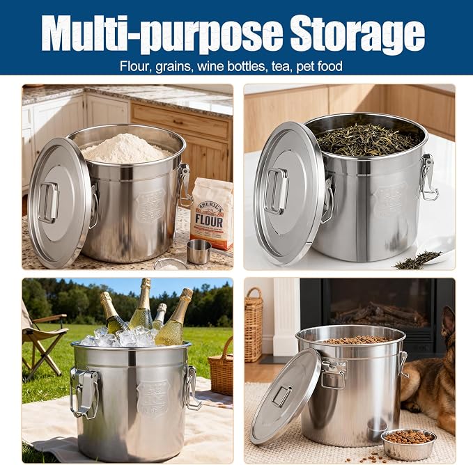 12Lbs 304 Stainless Steel Dog Food Storage Containers with Airtight Lid | Large Airtight Pet Food Storage Container Food Bin for Dogs, Cats & Birds Seed, Keep Fresh