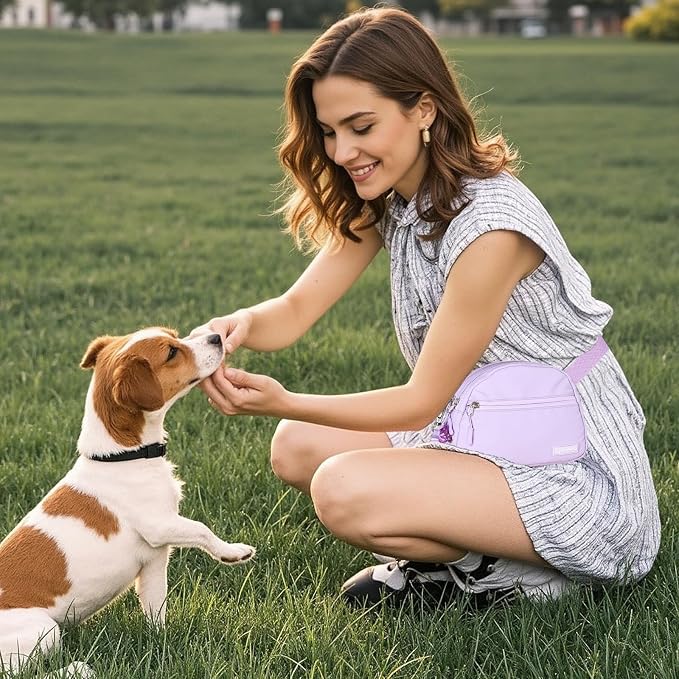 Dog Treat Pouch Pet Training Walking Fanny Pack with Built-in Poop Bag Dispenser & Waste Bag Holder | Stylish Puppy Training Essentials Supplies | Free Dog Clicker (Lavender)