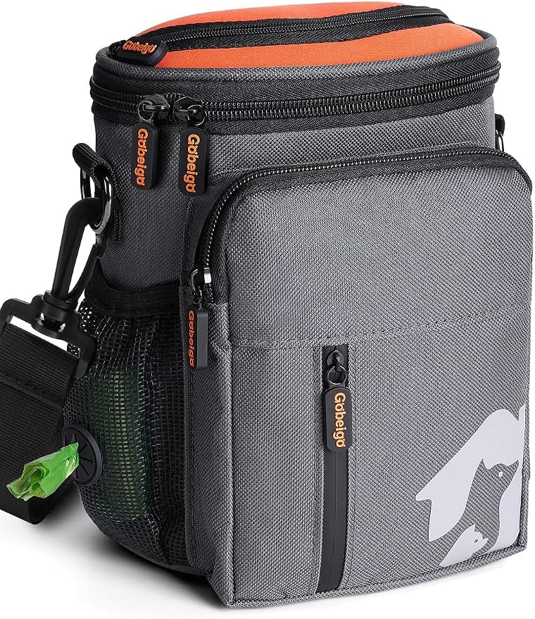 8 Cup Dog Treat Pouch with Training Clicker(Gray & Orange) | 3 Ways to Wear/Built-in Poop Bag Dispenser/Zipper Front Pocket Phone Friendly Treat Bag for Pet Training & Walking