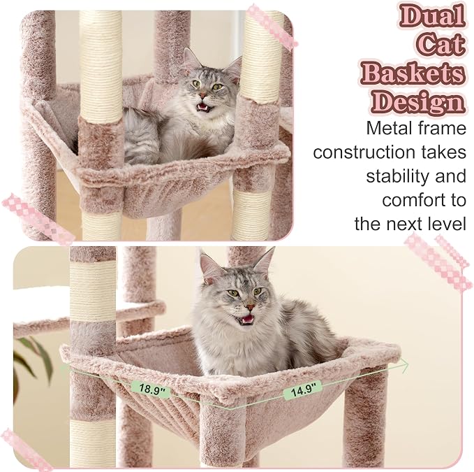 Heybly Cat Tree, 71-Inch Tall Cat Tower for Large Maine Coon Cats HCT037MU | Cat Condo Furniture with Extra-Large Baseboard, Multi-Level Platforms, 2 Hammocks and 12 Scratching Posts, Rosy Brown