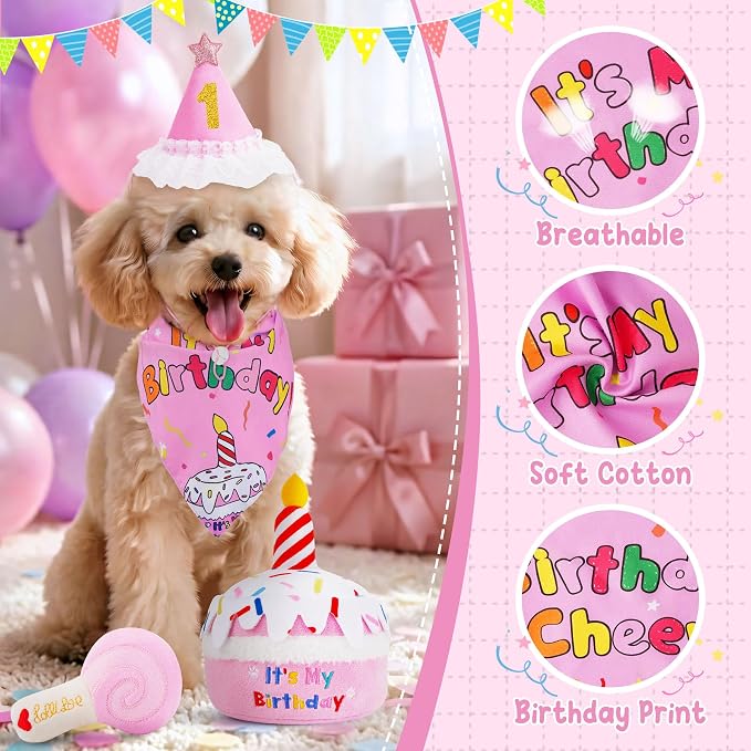 KIPRITII Dog Birthday Party Supplies – Pink Dog Birthday Cake Toys, Birthday Bandana & Hat for Small Dogs, Interactive Puppy Plush Toys to Relieve Boredom