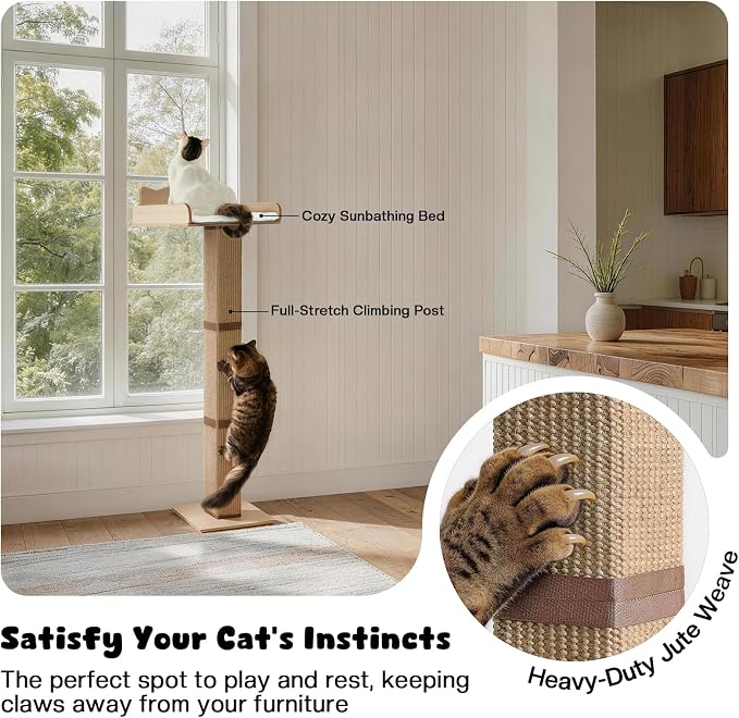 Cat Window Perch with Thick Sisal Scratching Post, Cat Hammock for Window, 53.5" Adjustable Tall Cats Scratching Post with 2 Upgrade Suction Cups, Cats Window Bed with Fluffy Cushion, Jute