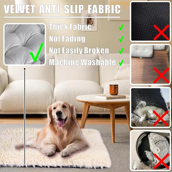 Machine Washable Dog Bed, Deluxe Plush Dog Crate Pad and Cat Bed, Anti-Slip Bottom Kennel Pad Mat, Fuzzy Pet Beds for Large, Medium, Small Dogs Breeds (Ivory, 24.0" L x 18.0" W x 3.0" Th x 2 Pack)