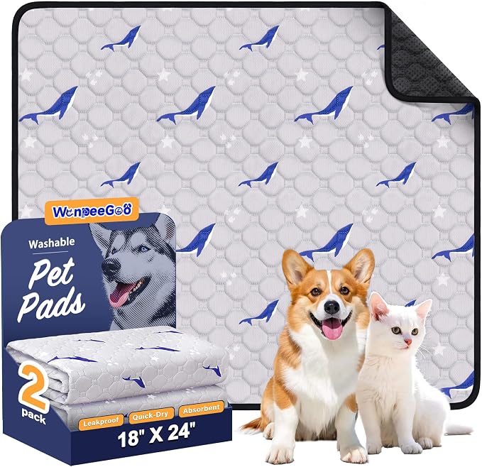 Washable Dog Pee Pads, Non-Slip Waterproof, 18 x 24 in, 2 Pack, Dolphin | Super absorbent, waterproof and non-slip; washable, reusable dog pads for crates, playpens, floors, furniture and travel