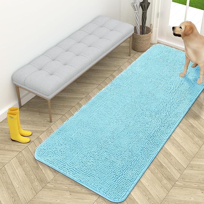 OLANLY Dog Door Mat for Muddy Paws 59x24, Super Absorbent Chenille Mud Mat | Blue, Absorbs Moisture and Dirt, Non-Slip Machine Washable Doormat, Quick-Drying Indoor Entryway Floor Carpet for Dogs
