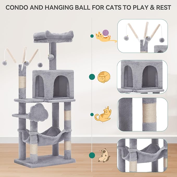 YITAHOME 44 inch Multi-Level Cat Tree for Indoor Cat | Cat Furniture with Scratch Posts, Window Padded Plush Perch, Comfortable Hammock, and Interactive Pompoms