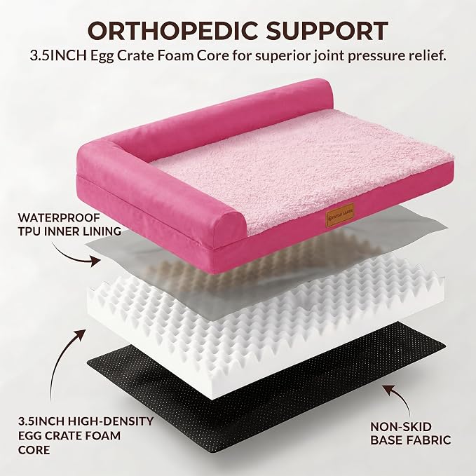 Patas Lague Orthopedic Large Dog Bed Washable Pet Sofa Bed 36''X24'' Pink | 2-Sided Bolster Egg-Crate Foam Dog Couch Large Sized Dogs, Waterproof Removable Washable Cover, Nonskid Bottom Pet Crate Mat