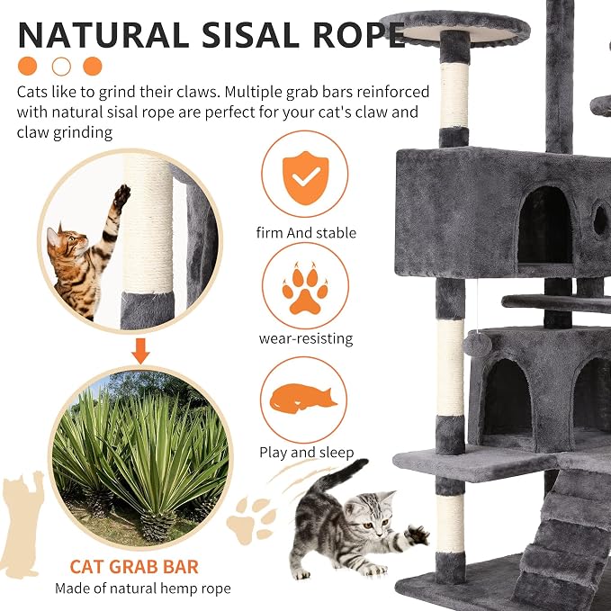BestPet | 54" Cat Tree Tower | Light Gray | Sturdy Multi-Level Cat Tree | with Plush Condo, Cozy Perch, Sisal Scratching Posts, Hanging Toy and Stable Frame | Easy Assembly | for Kittens & Adult Cats