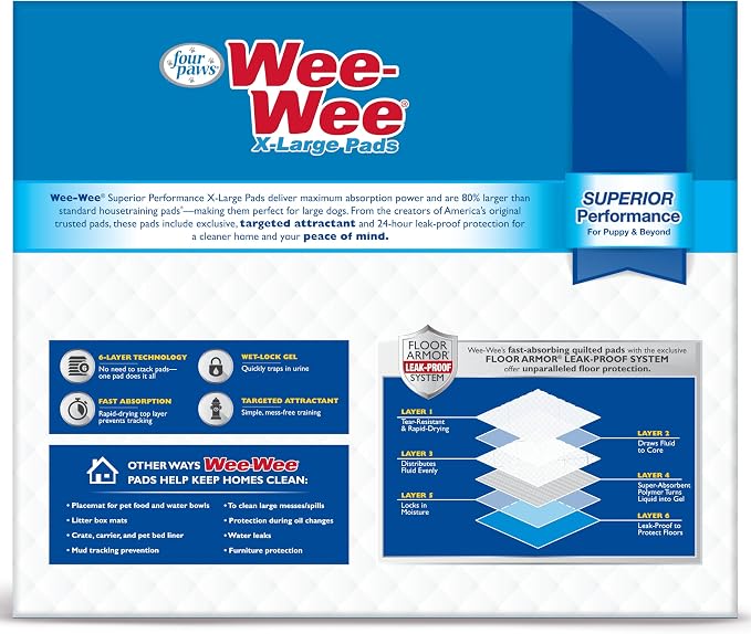 Four Paws Wee-Wee Superior Performance Extra Large Pee Pads for Dogs with Runoff Barrier Edge Guard Protection, Puppy & Dog Potty Training Pads, Housebreaking Supplies, 28" x 34" (200 Count)