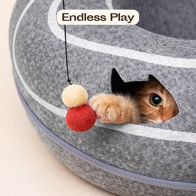 Peekaboo Cat Cave Donut - Cat Tunnel Bed for Indoor Cats – Cute Patterns Hideaway for Multiple & Large Cats, Scratch-Resistant (Dark Gray)