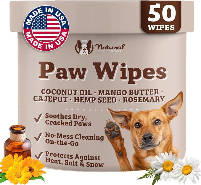 Natural Dog Company Natural Dog Paw Wipes - 50 Ct - Organic, Vegan Pet Paw Wipes for Dogs, Eco-Friendly, Ideal for Removing Dirt, Allergens & Moisturizes Dry Cracked Paws, Coconut Oil & Cocoa Butter