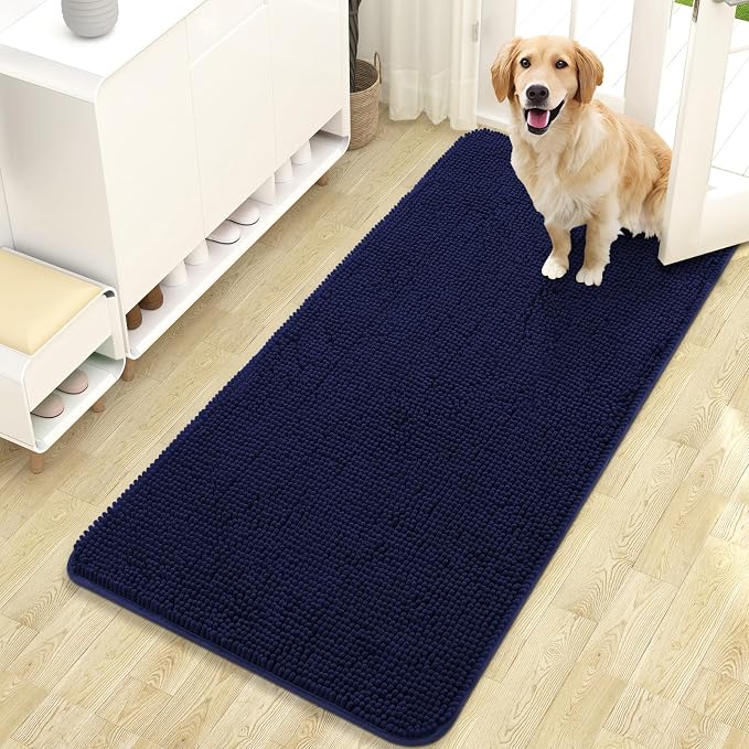 OLANLY Dog Door Mat for Muddy Paws 47x24, Super Absorbent Chenille Mud Mat | Navy Blue, Absorbs Moisture and Dirt, Non-Slip Machine Washable Doormat, Quick-Drying Indoor Entryway Floor Carpet for Dogs
