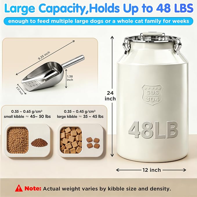 Large 304 Metal Dog Food Storage Container 48LB /45 Qt, Stainless Steel Airtight Pet Food Containers with Lid & Scoop, Pet Food Bin for Dogs, Cats and Dry Food Storage Keep Fresh