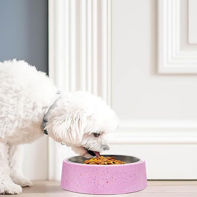 bzyoo 32oz 4CUP Dog & Cat Bowl, Sprinkle Design, Slanted Stainless Steel Pet Bowl with Removable Inner Bowl, Non-Slip Silicone Base, Dishwasher Safe, for Dry/Wet/Raw Food & Water (Pink)