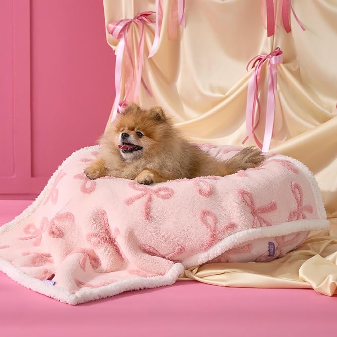 LE SURE Waterproof Puppy Blanket for Small Dogs - Washable Double Sided Dog Blankets with Warm Jacquard Shag and Soft Sherpa Fleece, Pet Cat Blanket for Couch Protection, Bow Design，Pink Taffy