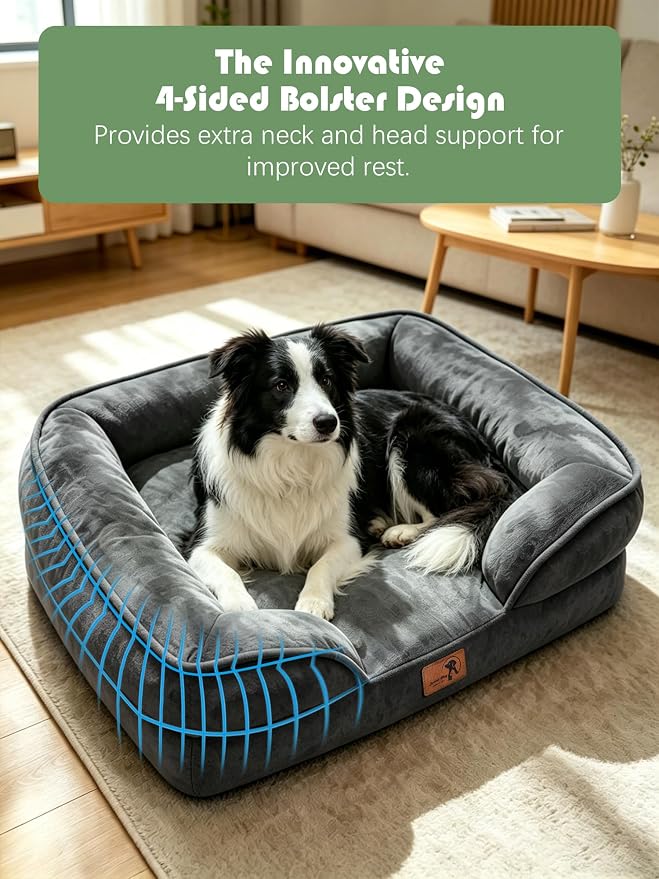 Spotted Play Orthopedic Dog Bed with Sides - Sofa Beds for Large Dogs, Supportive Foam Pet Couch Bed with Washable Removable Cover, Waterproof Lining and Non-Slip Bottom, Dark Grey - L