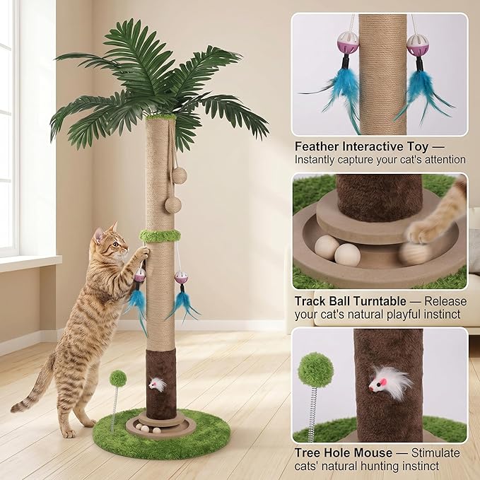 Cat Scratching Post, 35 Inch Tall Sisal Rope Cat Scratcher Tree, Scratching Posts for Indoor Cats Adults with Interactive Cat Toy, Mouse Hole & Ball Track for Kittens Adults Cats