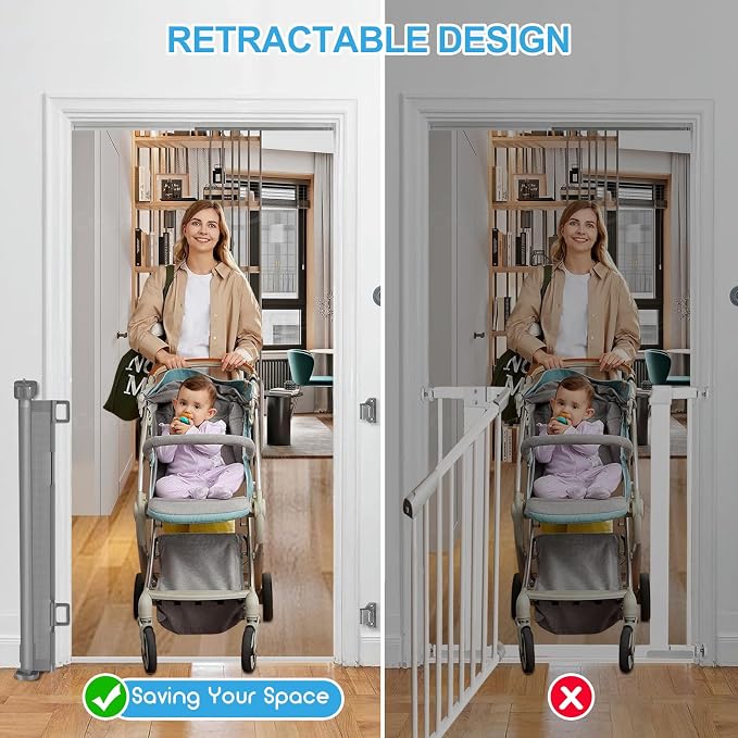 55 inch Retractable Baby Gates, EZIGO Extra Wide Baby Gate for Large Opening Extra Long Mesh Gate for Kids or Pet Dog Gate Child Safety Gate for Stairs Hallways Doorway Indoor Outdoor, Gray