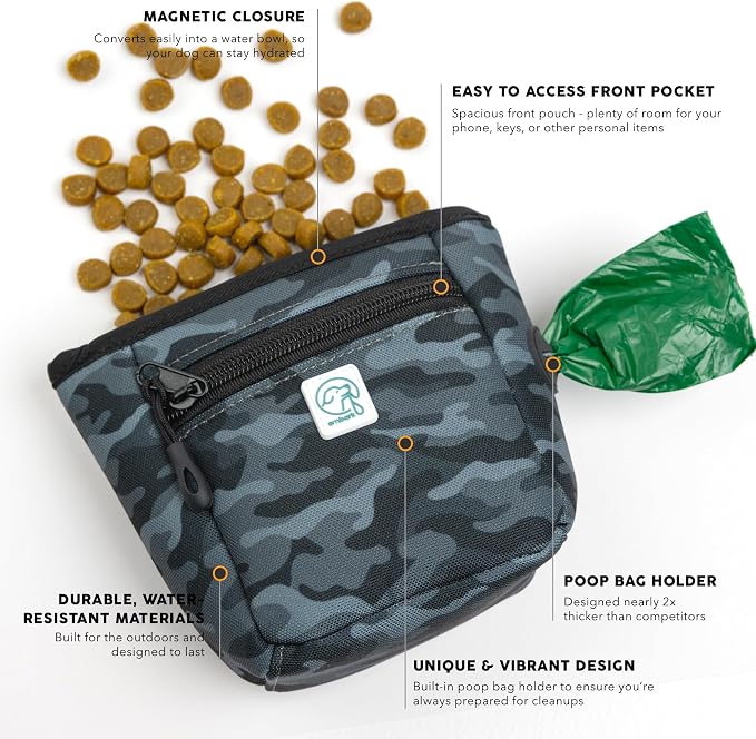 Embark Dog Treat Pouch - Waterproof Training Bag & Portable Water Bowl | Leakproof Treat Bag with Hook, Magnetic Closure, Extra Pocket for Phone & Keys with Poop Bag Outlet For Dogs - Black Camo