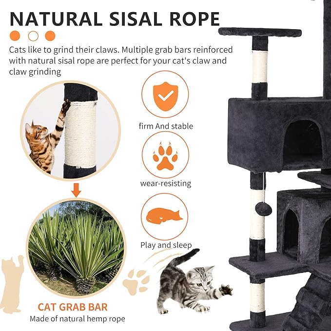 BestPet | 54" Cat Tree Tower | Dark Gray | Sturdy Multi-Level Cat Tree | with Plush Condo, Cozy Perch, Sisal Scratching Posts, Hanging Toy and Hammock | Easy Assembly | for Kittens & Adult Cats