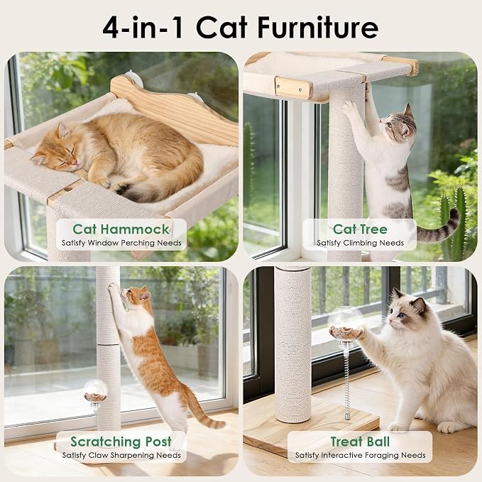 Cat Window Perch with Scratching Post, Hammock with Cushion | 44"/31"/18" Height Adjustable Sisal Cat Tree, 33lbs Capacity Perch for Indoor Cats Scratching & Watching Birds, Beige