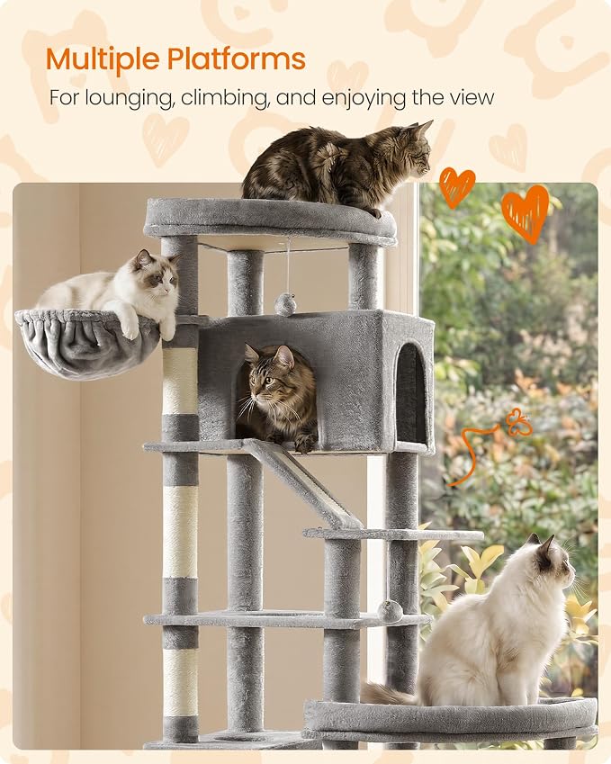 Feandrea Multi-Level Cat Tree for Large Cats, 79.5 inch Tall Cat Tower with 6 Resting Areas and Sisal Scratching Posts, 41.3 x 17.7 x 79.5 inch, Dove Gray Clawfy Collection UPCT020G101