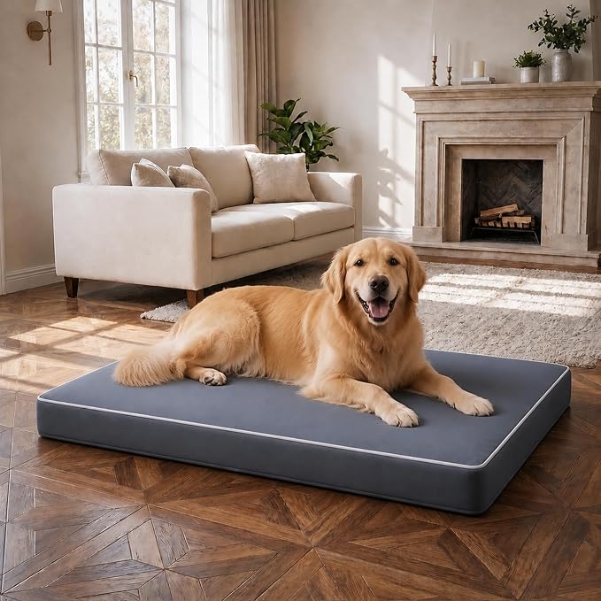 Orthopedic Dog Mat, 100% Waterproof 28D Foam Bed, Washable | High-density egg-crate foam, Short Plush, Sherpa Fleece, Orthopedic Joint Support, Machine Washable