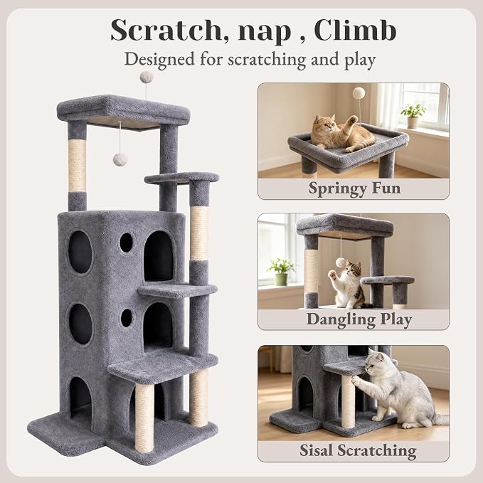 baoheDC 53" Cat Tree for Indoor Cats, Multi-Level Cat Tower with 3 Cozy Cat Condos, Large Top Perch, Sisal Scratching Posts & Climbing Steps, Space-Saving Cat Furniture for Apartments, Grey