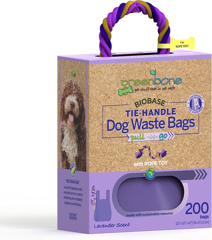 Greenbone Poop Bags for Dogs with Handles Lavender Scent Purple with Bonus Rope Pet Toy, 200 Count on Single Roll, Plant Based