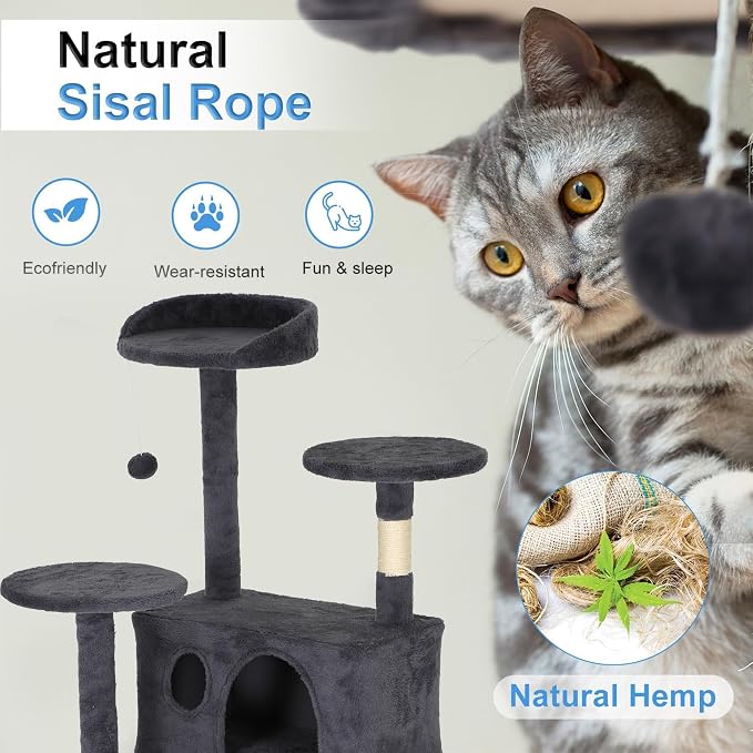 FDW | 62" Cat Tree Tower | Dark Gray | Multi-Level Indoor Activity Center with Sisal Scratching Posts, Condos, Plush Perches, Hanging Cat Toys | Sturdy, Easy to Assemble | for Kittens & Adult Cats