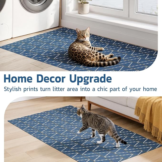 Cat Litter Mat, 40"x25" Jumbo Foam Litter Box Mat | Extra Large Coverage, Soft on Paws, Trimmable Design, BPA-Free Foam, Leak-Proof, Machine Washable, Navy Chevron