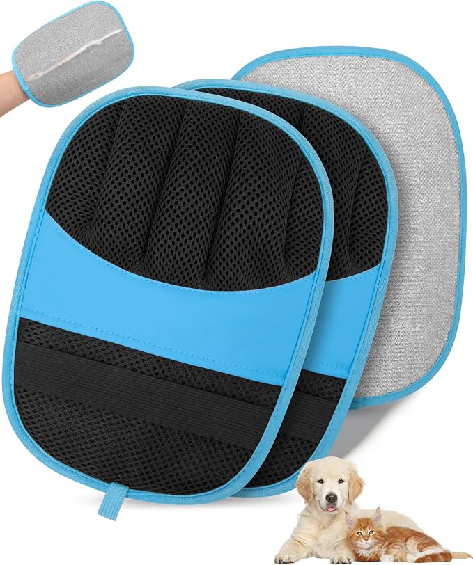 2 Pack Pet Hair Removal Glove, Five-Finger Tool for Dogs and Cats | Electrostatic Magic Brush, Reusable, for Furniture, Clothes and Car Seats, Grooming or Cleaning Needs(Blue)