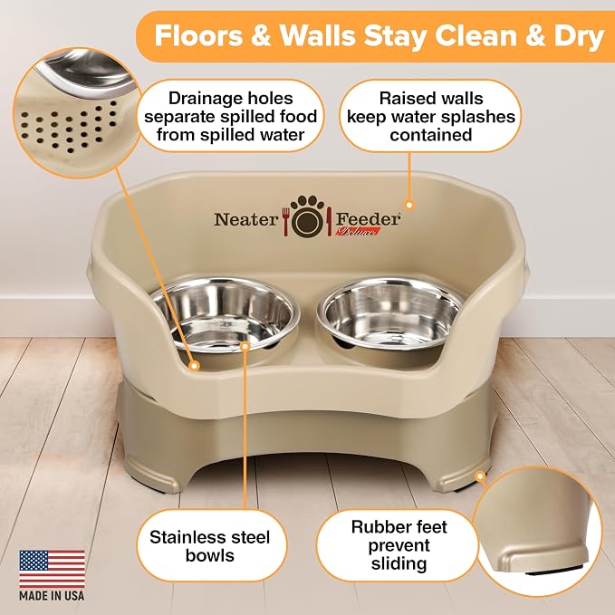 Neater Pet Brands Neater Feeder Deluxe Mess Proof Dog Bowls Elevated for Medium Dogs 19-40 lbs, Made in USA, No Spill Raised Dog Food Bowl Stand Feeding Station, Food and Water Bowl Set, Cappuccino