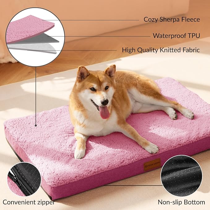 Patas Lague Orthopedic Large Dog Bed Washable Pet Sofa Mat 42''X28'' Pink | Egg-Crate Foam Dog Couch For Large Sized Dogs, Waterproof Removable Cover, Soft Pet Crate Bed With Nonskid Bottom