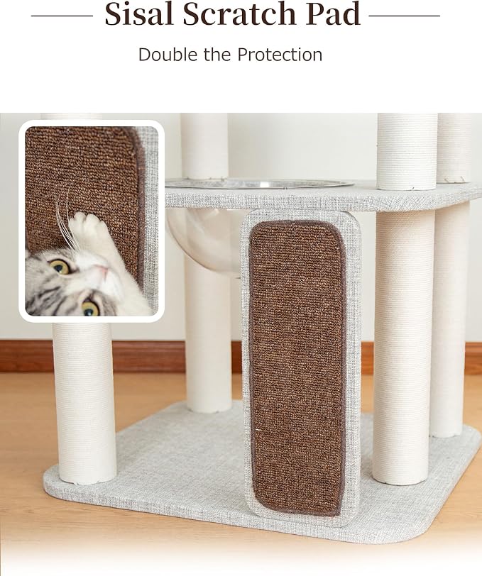 Cat Tree for Large Cat, Modern Senior Friendly Cat Tower with Wide Shelves Low Step, Cotton Scratching Posts, Super Sturdy Base, Cozy Perches, and Interactive Toys (Gray)