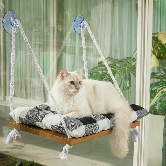 Cat Window Perch, Indoor Hammock Bed with Solid Pine Wood, 4 Industrial-Grade Suction Cups, Window Hammock with Soft Cushion for Cats, Space Saving Design