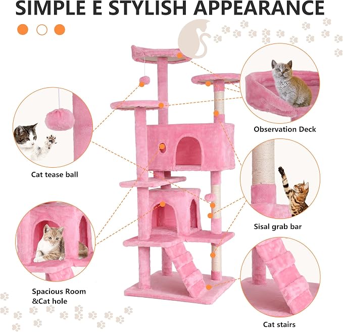 BestPet | 54" Cat Tree Tower | Pink | Sturdy Multi-Level Cat Tree | with Plush Condo, Cozy Perch, Sisal Scratching Posts, Hanging Toy and Hammock | Easy Assembly | for Kittens & Adult Cats