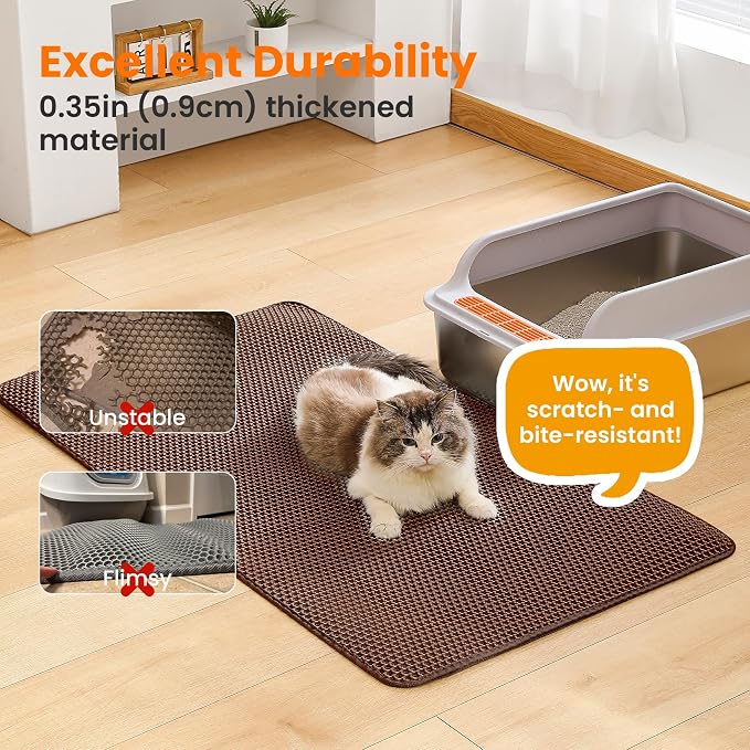 Extra Large Cat Litter Mat XXL, Double Layer Honeycomb, Brown | 46x26”, Reduces Litter Tracking, Easy to Clean, Waterproof, Non-Slip, Soft on Paws, Scratch Resistant, Brown, XXL