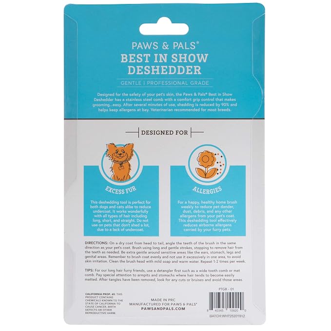 Paws & Pals Dog Brush - Gentle Soft Hair Rake Trimming Comb - Best for Shedding Dogs-Cats, Thick Long Short Haired Pet, Coat Grooming & Cat Hair Fur Removal - Self Cleaning - Deshedding Supplies