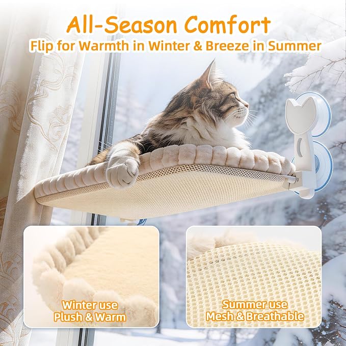 Cat Window Perch - Beige Cordless Foldable Cat Window Hammock for Large Cats, Sturdy Metal Frame Hanging Cat Bed, 40 lbs Capacity